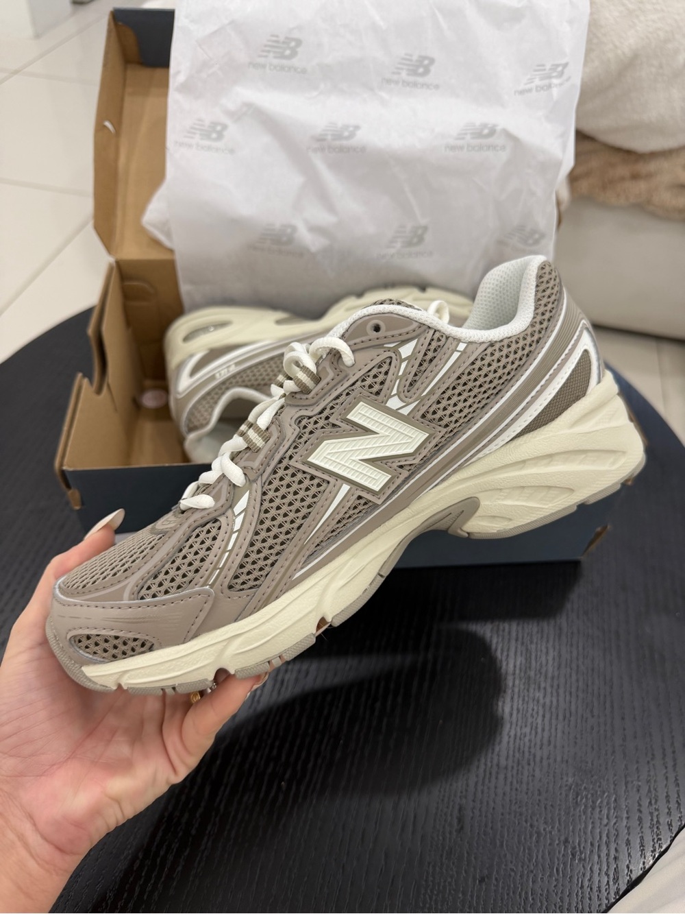 New Balance Taupe and Cream Mesh Running Sneaker - Picture 3 of 8